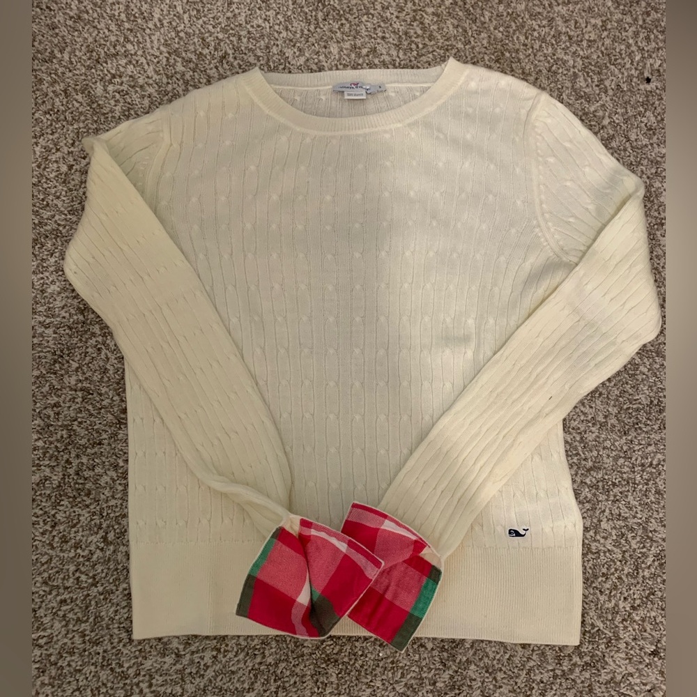 Vineyard Vines Women’s Cream Sweater with Plaid Cuffs